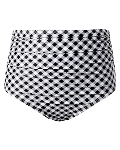 High Waisted Ruched Bikini Bottom Full Coverage Swim Bottom-Black White Plaid