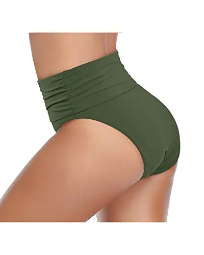 High Waisted Ruched Swim Shorts Tummy Control Bikini Bottom-Army Green