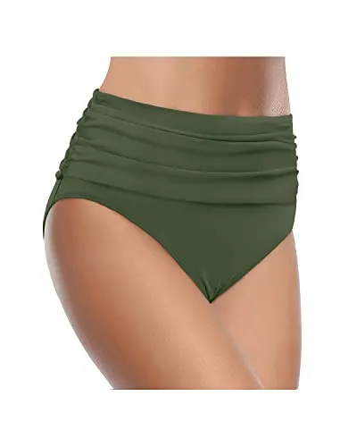 High Waisted Ruched Swim Shorts Tummy Control Bikini Bottom-Army Green