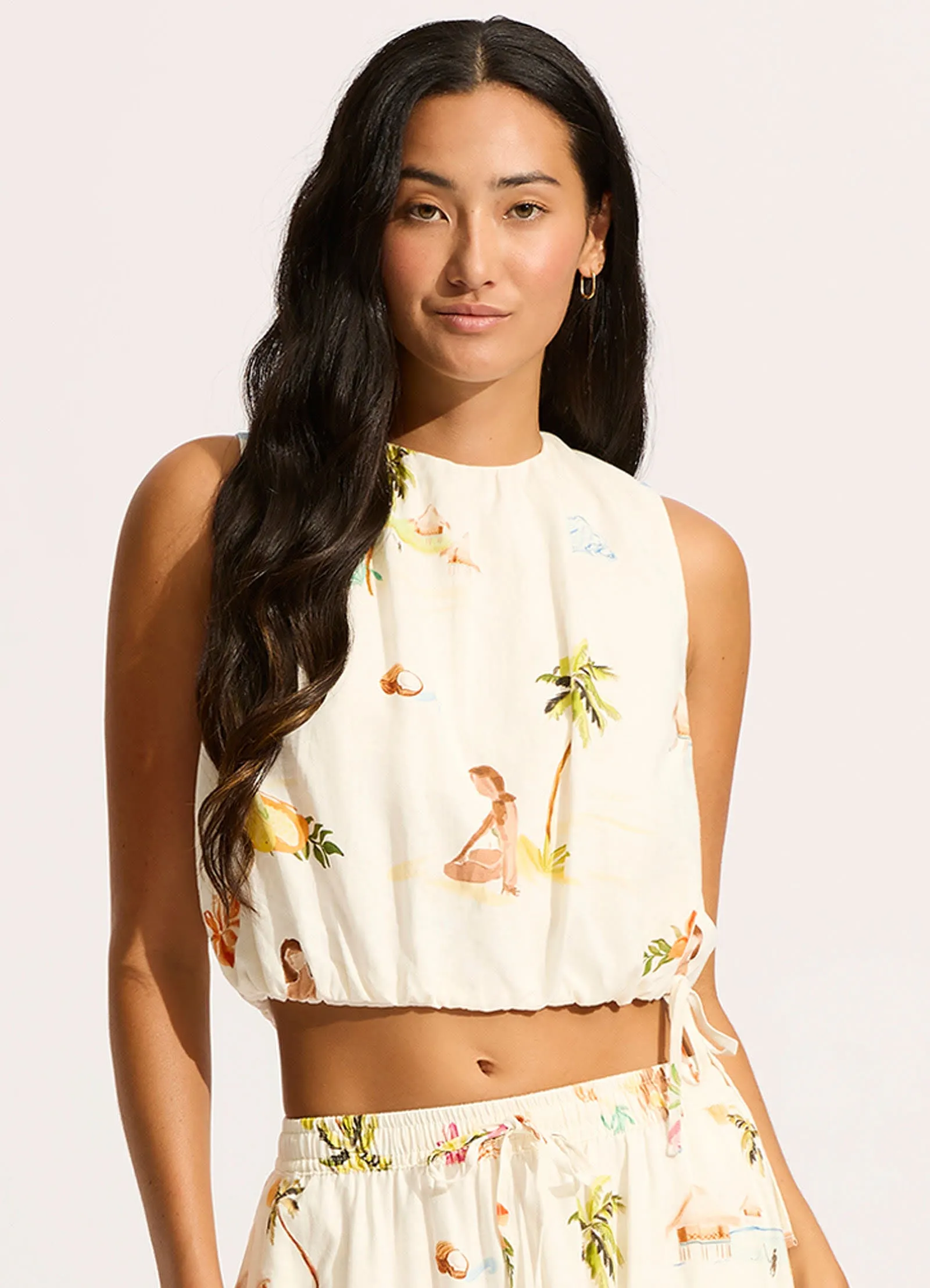 Isla Palm Drawcord Waist Top - Ecru