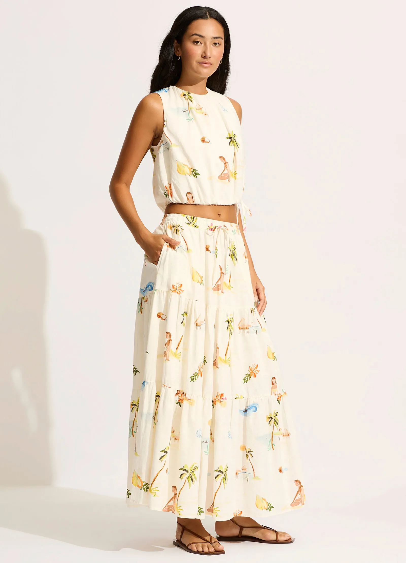Isla Palm Drawcord Waist Top - Ecru