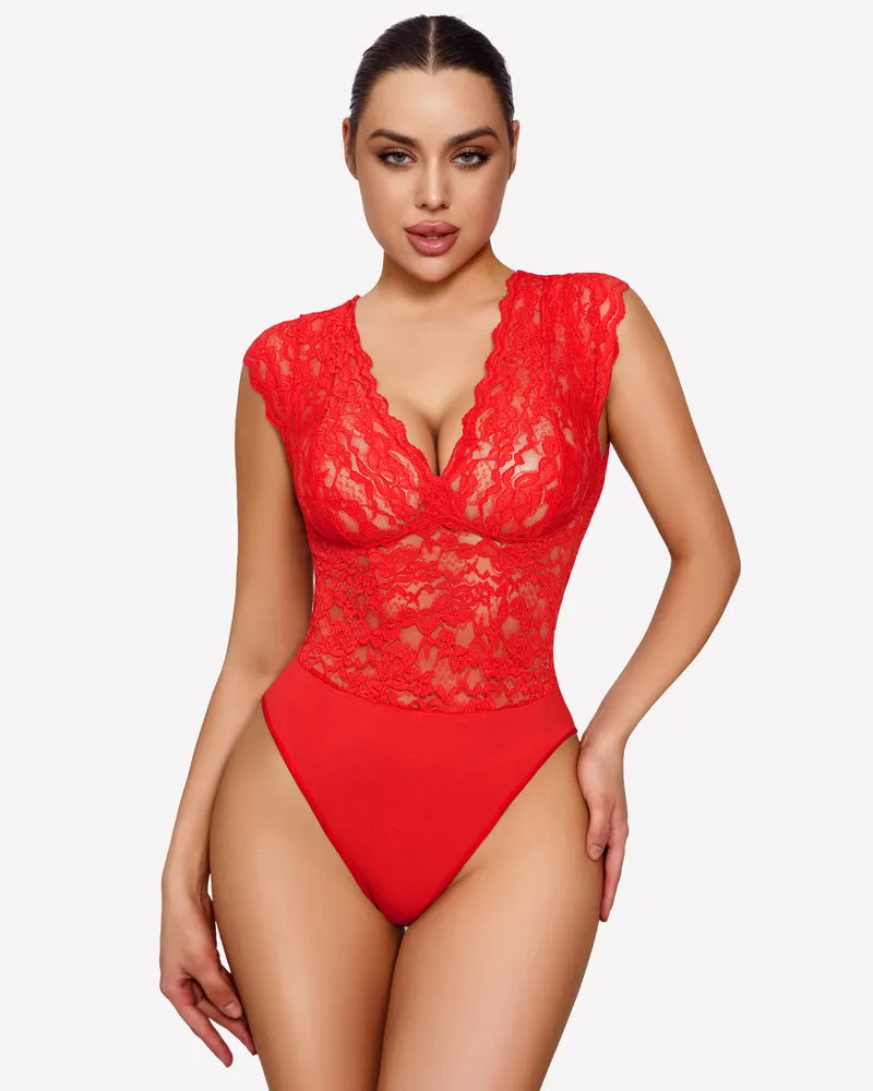 Lace Bodysuits V Neck Snap Crotch Teddy
