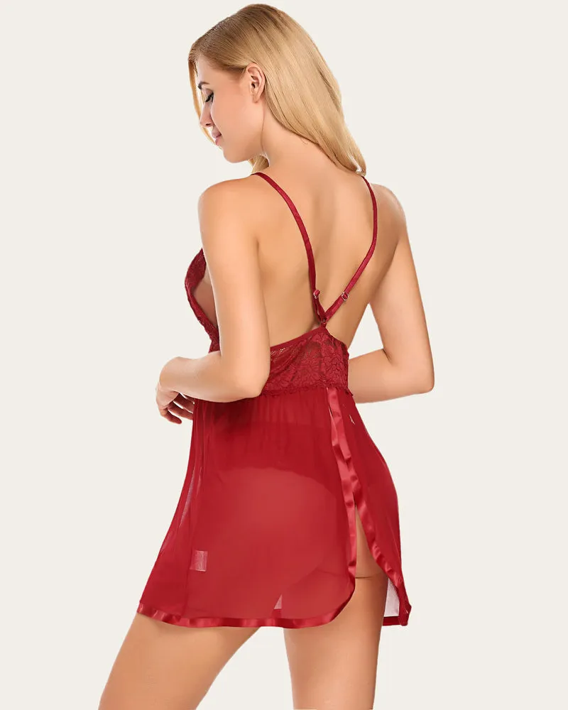 Lace Strap V Neck Mesh Nightgown