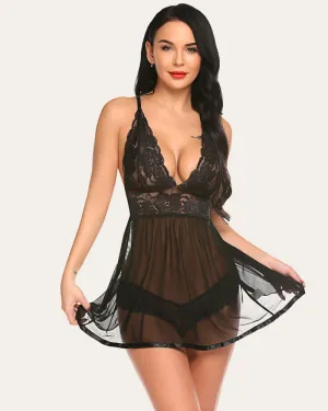 Lace Strap V Neck Mesh Nightgown