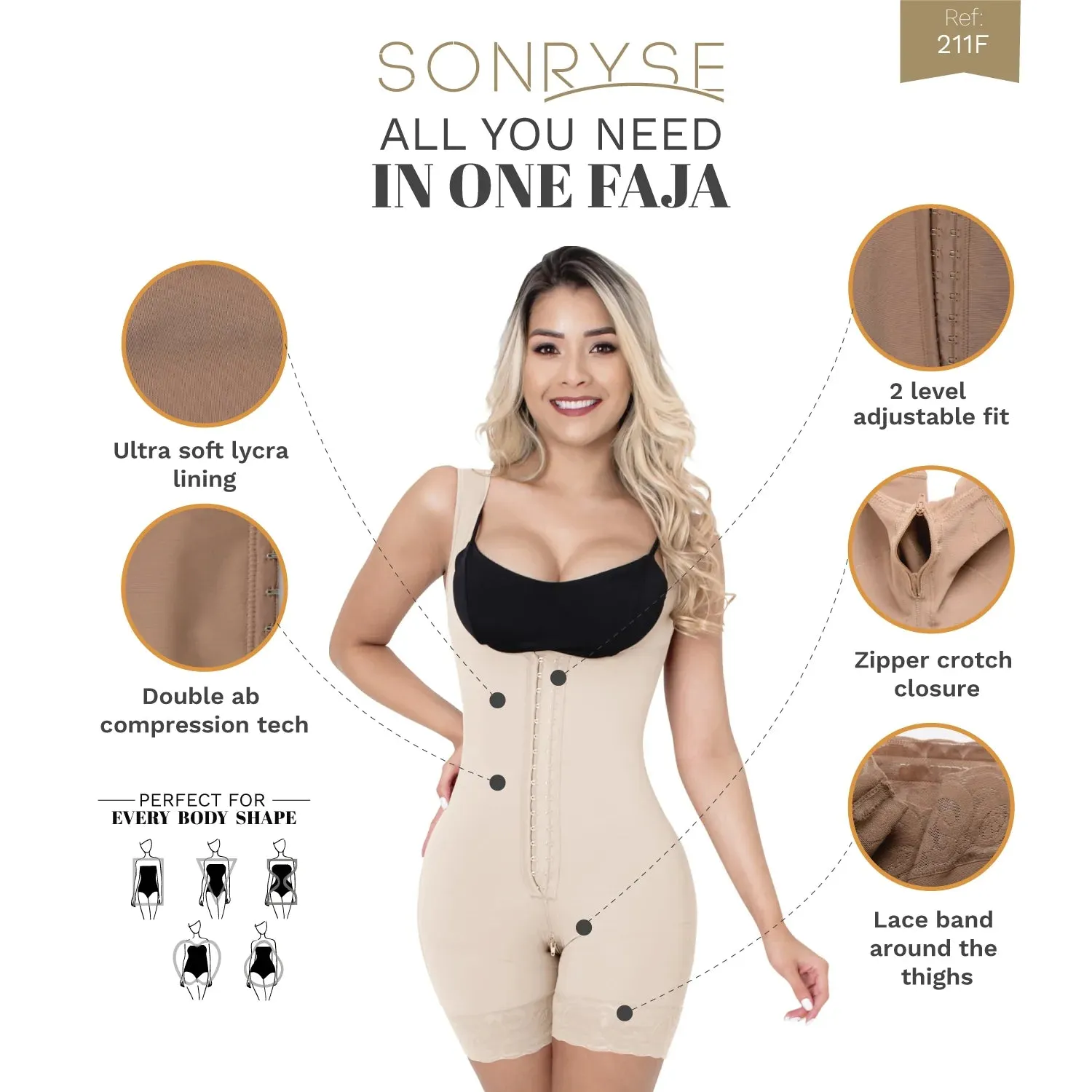 Liposuction Post-Surgery Faja with Zippered crotch, Open bust, Medium compression Sonryse 211BF