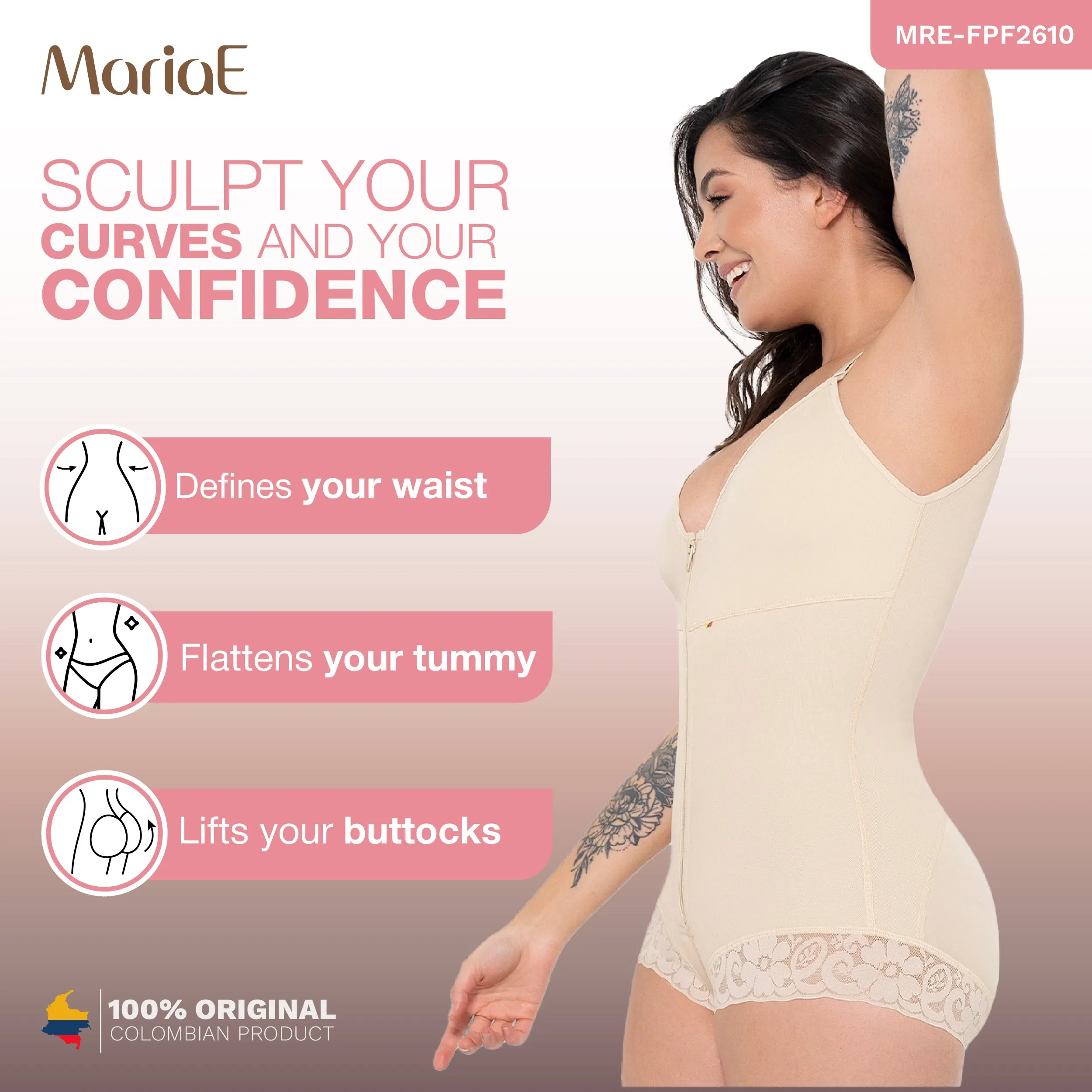 MARIAE FPF2610 Faja Colombiana Pospartum & Daily Use Hiphugger Shapewear Bodysuit with Built-Bra