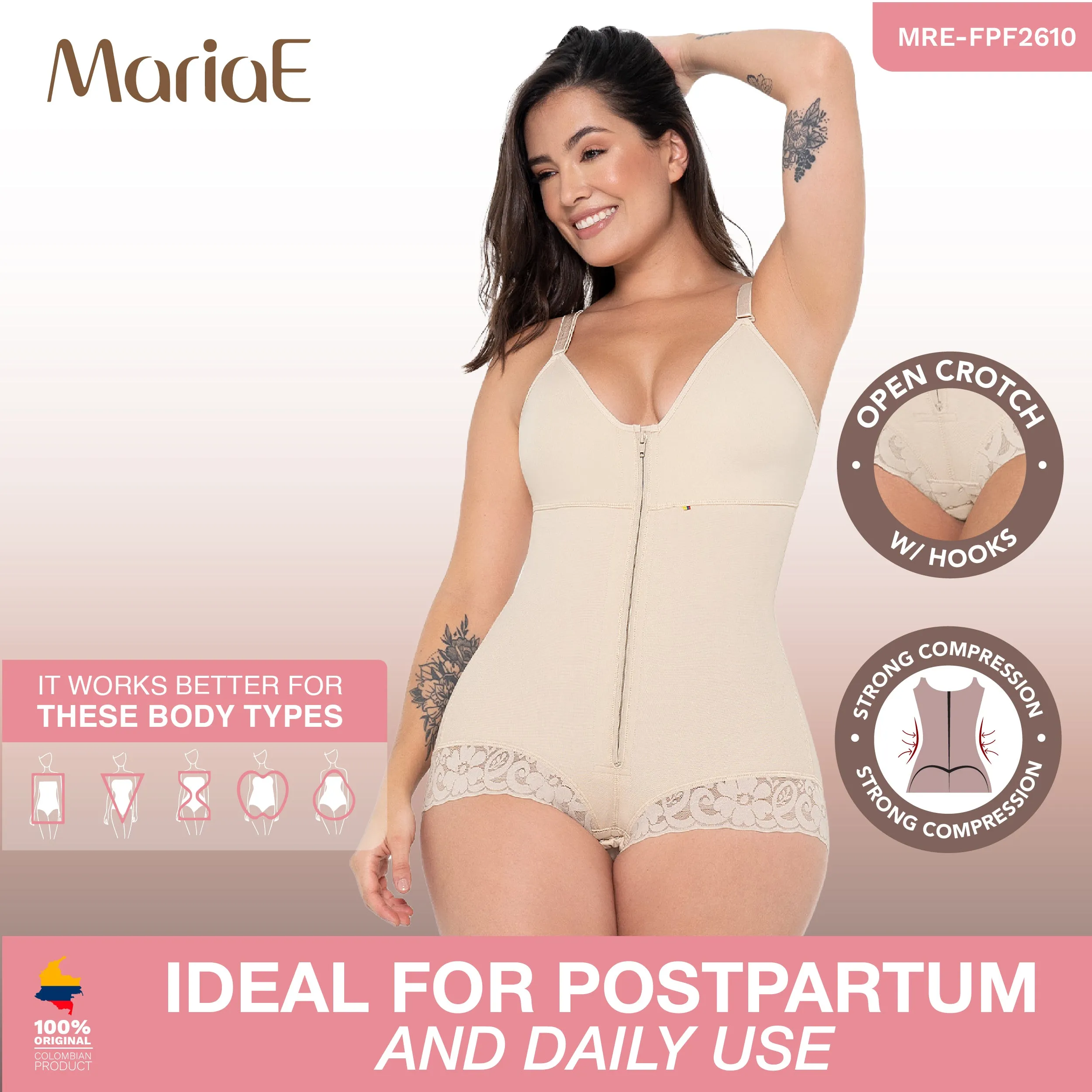 MARIAE FPF2610 Faja Colombiana Pospartum & Daily Use Hiphugger Shapewear Bodysuit with Built-Bra