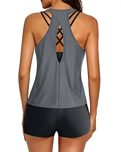 Modest 3 Piece Tankini Bathing Suit Boy Shorts For Women-Gray And Black