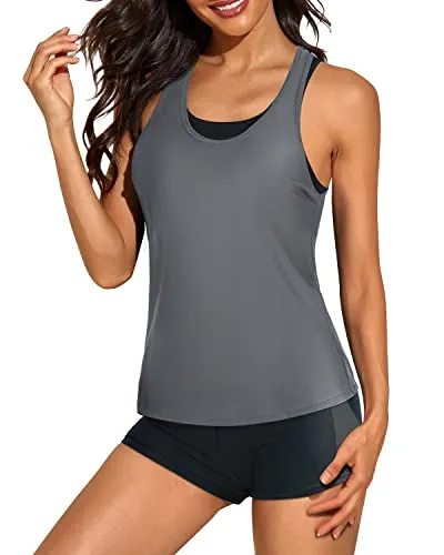 Modest 3 Piece Tankini Bathing Suit Boy Shorts For Women-Gray And Black