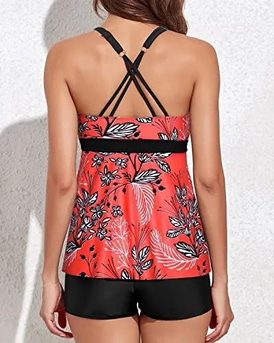 Modest Flowy Tankini Swimsuits Boy Shorts For Women-Red Floral