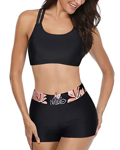 Modest High Neck Tankini Shorts For Women-Black Orange Floral