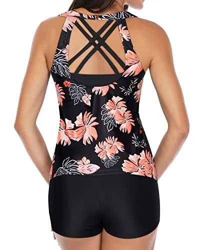 Modest High Neck Tankini Shorts For Women-Black Orange Floral