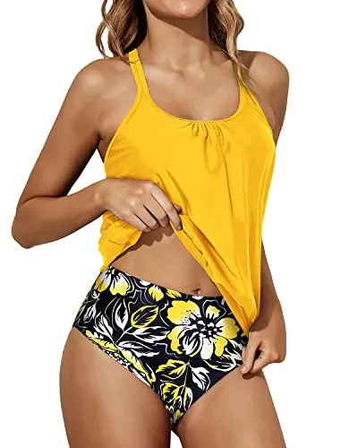 Modest Loose Fit Blouson Two Piece Tankini Bathing Suit-Yellow Floral