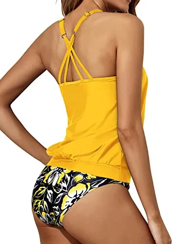 Modest Loose Fit Blouson Two Piece Tankini Bathing Suit-Yellow Floral