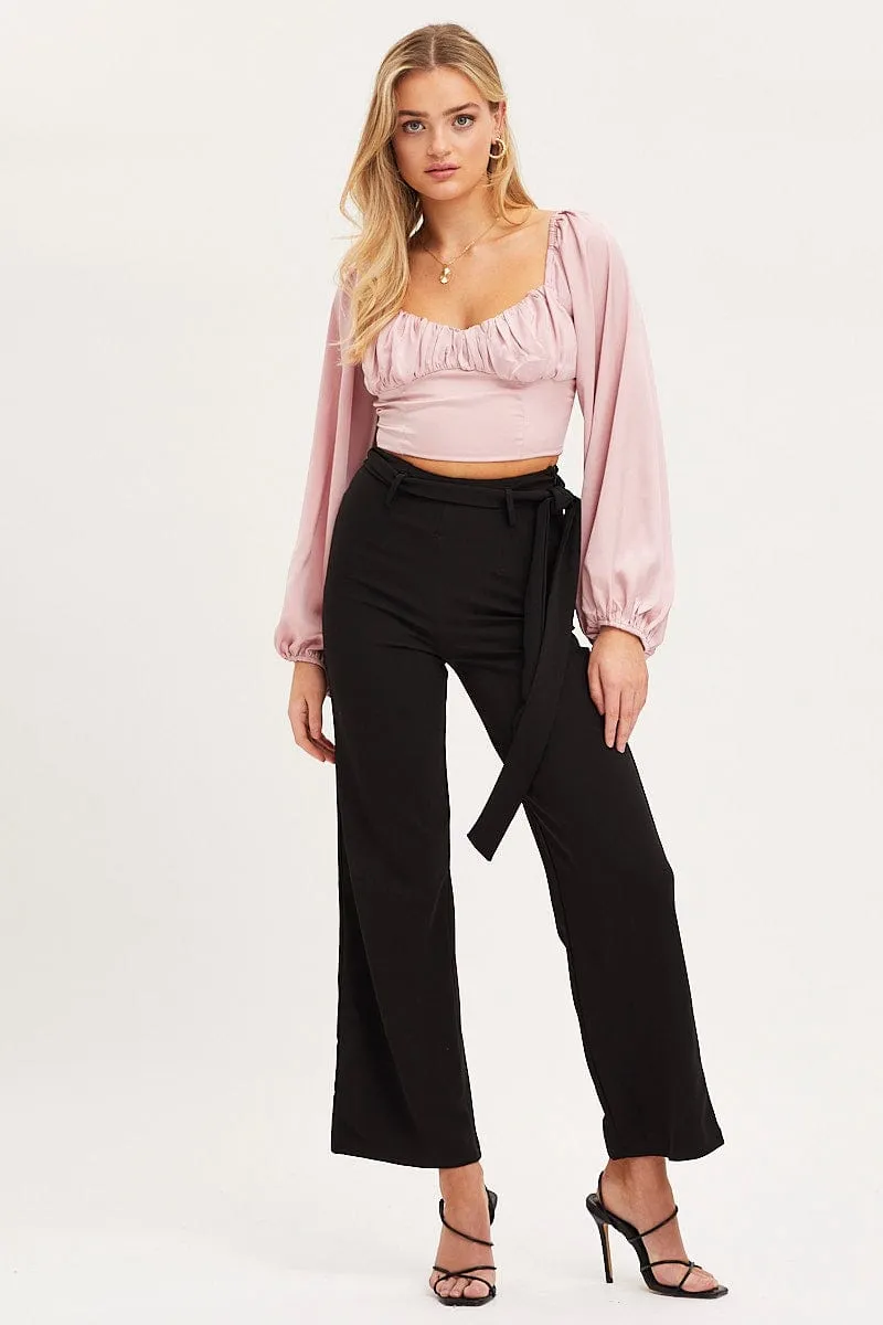 Pink Puff Sleeve Top Long Sleeve Crop Satin
