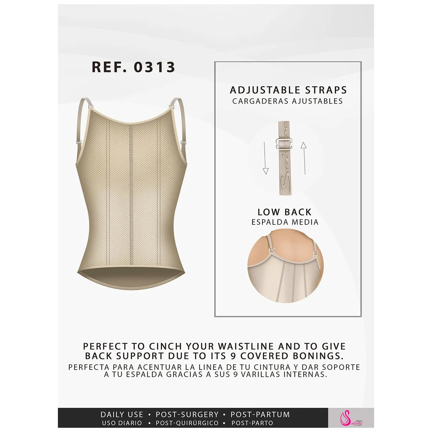 Postpartum Natural-birth and Everyday Shapewear Inner Hooks, Adjustable Straps, Medium Compression Fajas Salome 0313