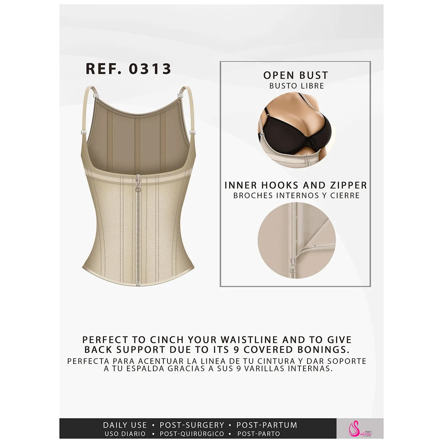 Postpartum Natural-birth and Everyday Shapewear Inner Hooks, Adjustable Straps, Medium Compression Fajas Salome 0313