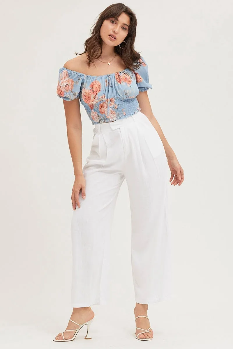 Print Crop Top Short Sleeve Shirred Waist