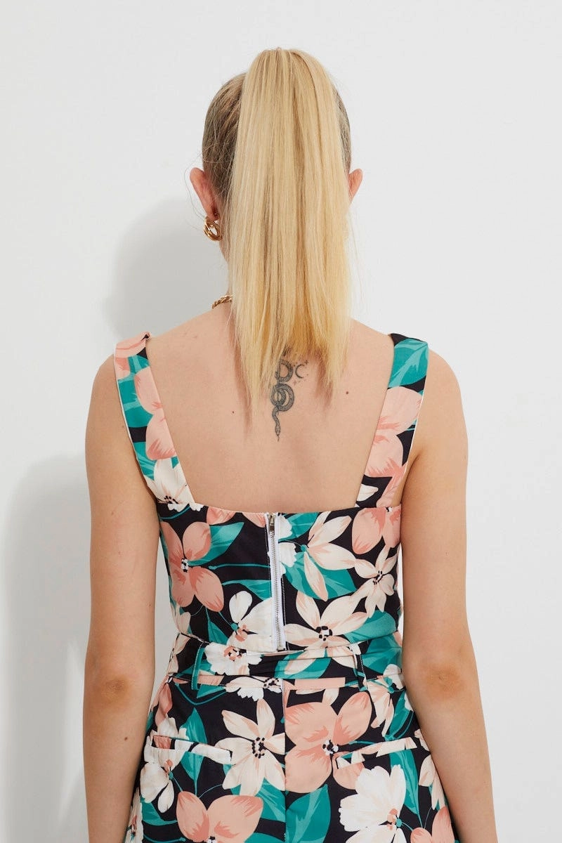 Print Designer Peach Floral Deep V Crop Top
