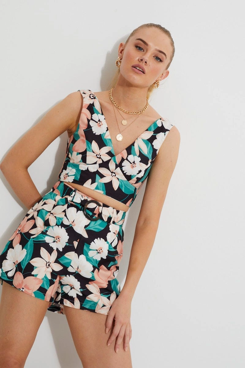 Print Designer Peach Floral Deep V Crop Top