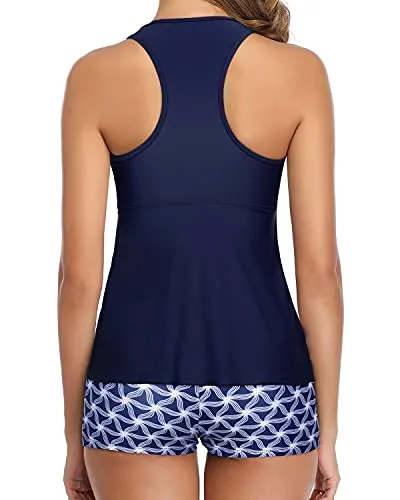 Racerback Swimwear Boyshort & Padded Bras For Two Piece Swimsuit-Navy Blue Tribal