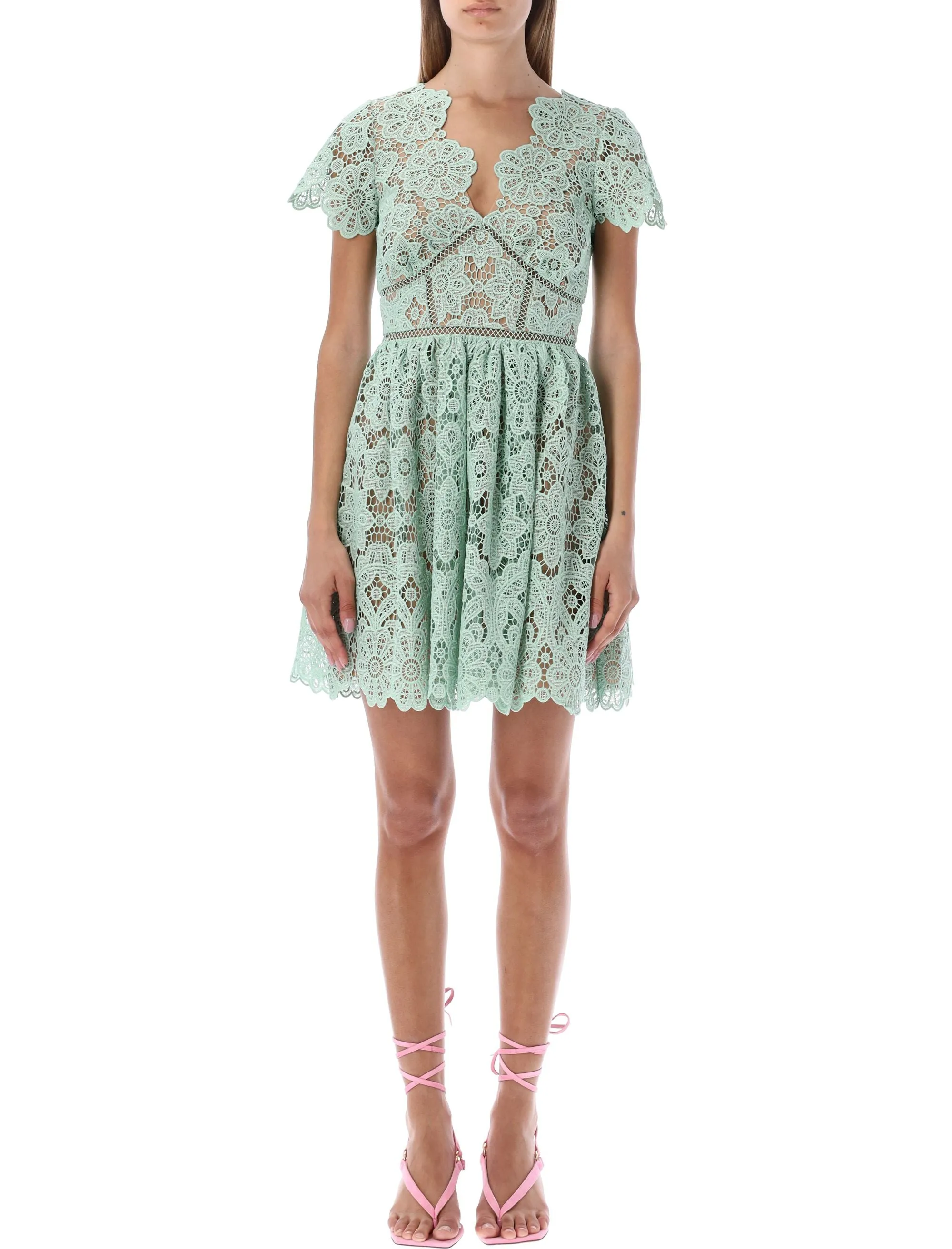 Self-Portrait Floral Guipure Lace Short-Sleeved Mini Dress