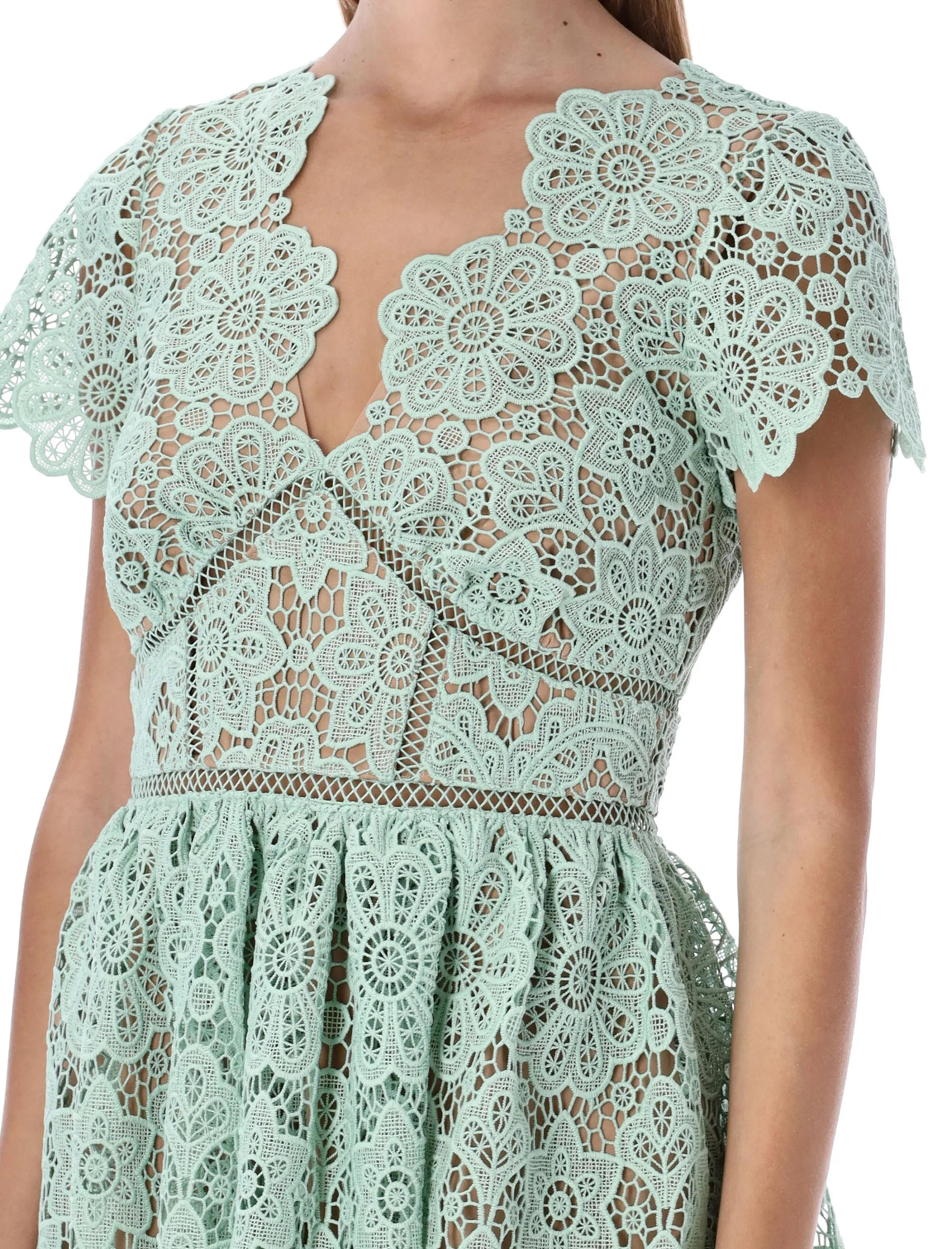 Self-Portrait Floral Guipure Lace Short-Sleeved Mini Dress