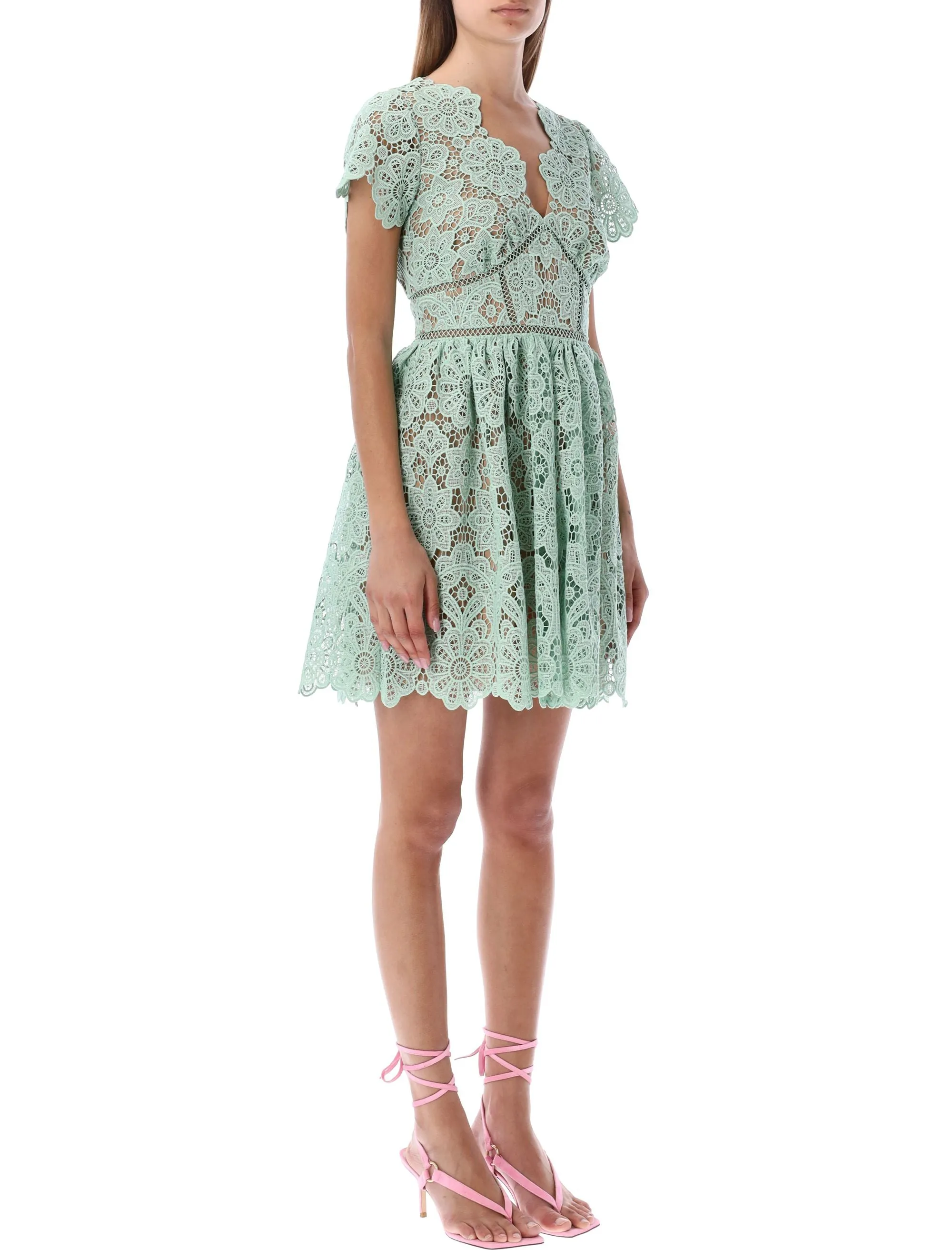 Self-Portrait Floral Guipure Lace Short-Sleeved Mini Dress