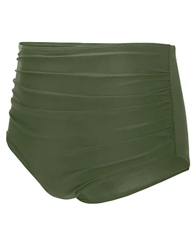 Slimming High Waisted Bikini Bottom Shirred Tankinis Brief-Army Green