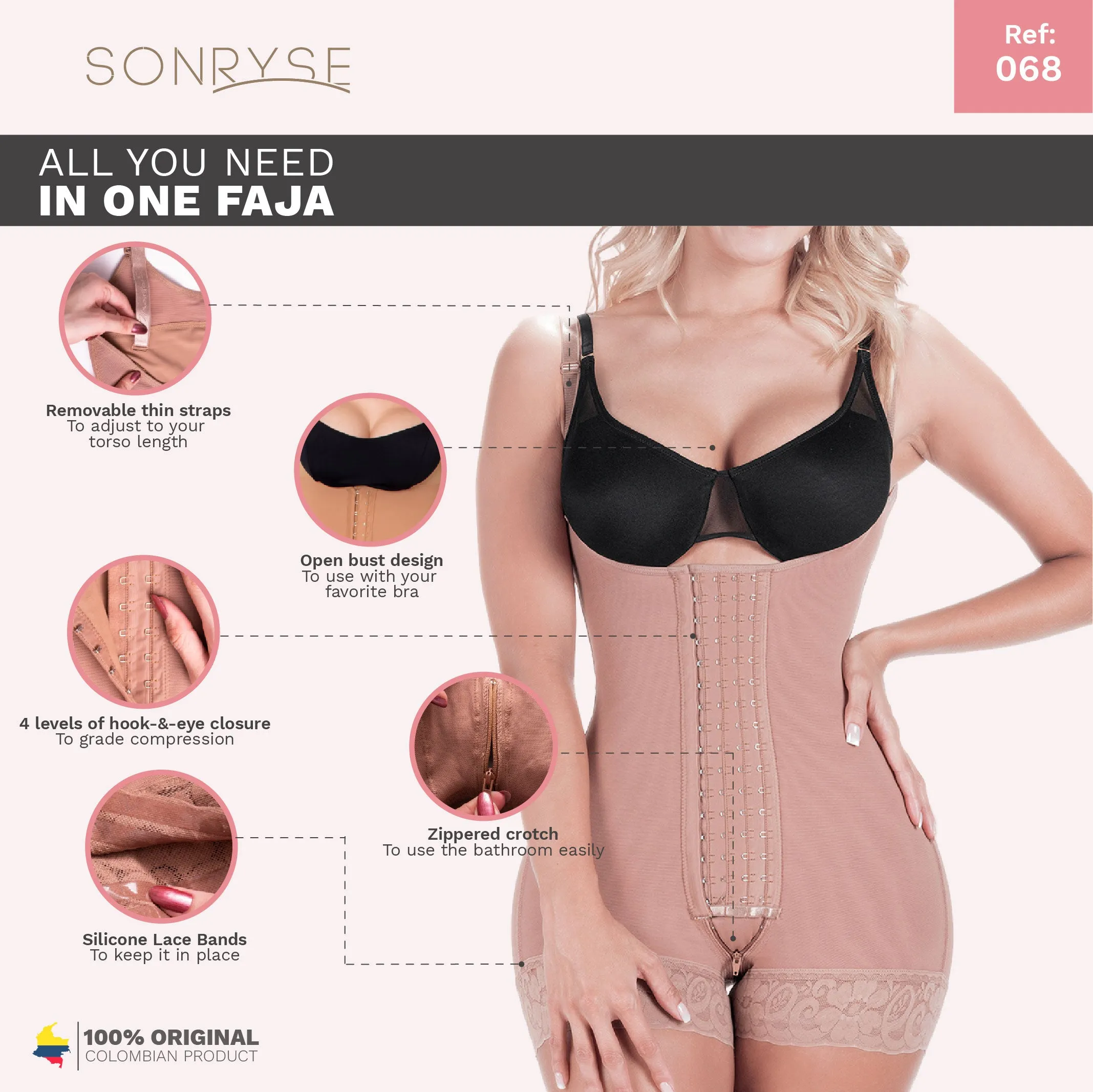 SONRYSE 068BF | Open Bust Short Shapewear Fajas Colombianas Postpartum & Post Surgery | Powernet