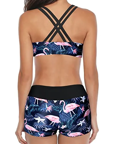 Sports Bra High Neck Swimwear Shorts-Black Flamingo