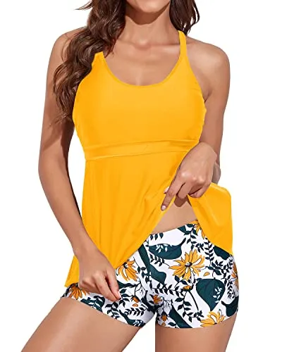 Sporty Flowy Tankini Bathing Suits Boy Shorts For Women-Yellow Floral
