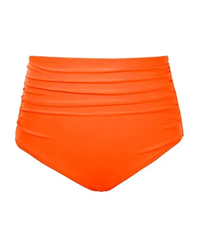 Stylish Women High Waisted Bikini Bottom Retro Ruched Swim Short-Neon Orange