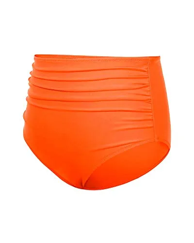 Stylish Women High Waisted Bikini Bottom Retro Ruched Swim Short-Neon Orange