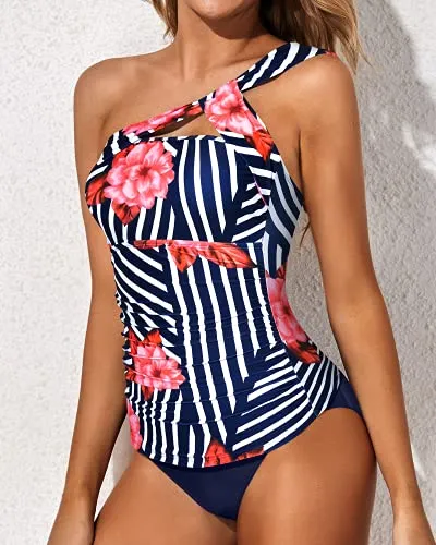 Tankini Bathing Suits For Women One Shoulder Swim Top And Shorts Swimsuits-Blue Floral