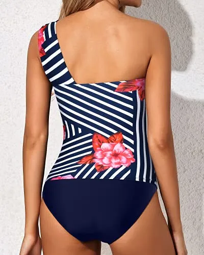 Tankini Bathing Suits For Women One Shoulder Swim Top And Shorts Swimsuits-Blue Floral