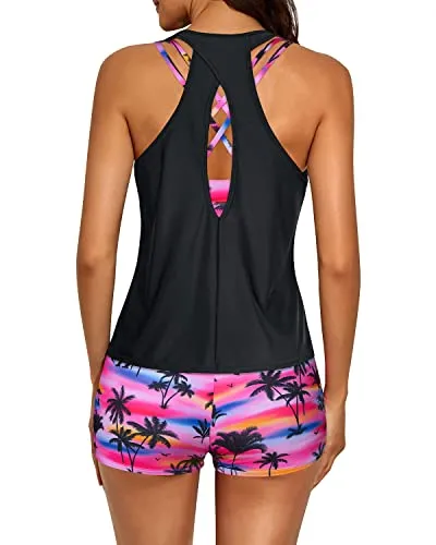 Trendy 3 Piece Tankini Bathing Suits Keyhole For Women-Black Palm Tree