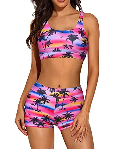 Trendy 3 Piece Tankini Bathing Suits Keyhole For Women-Black Palm Tree