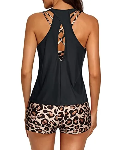 Tummy Control Athletic Tankini Set Boy Shorts For Women-Black And Leopard