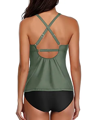 Tummy Control Halter Tankini Swimsuits High Neck Swim Top And Shorts-Olive Green