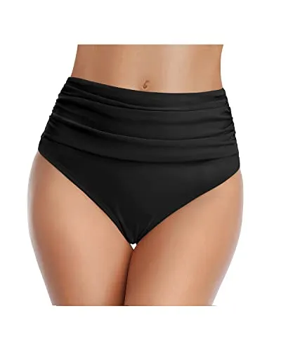 Tummy Control High Waisted Ruched Swim Shorts Bikini Bottom-Black