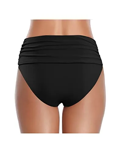 Tummy Control High Waisted Ruched Swim Shorts Bikini Bottom-Black