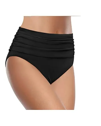 Tummy Control High Waisted Ruched Swim Shorts Bikini Bottom-Black