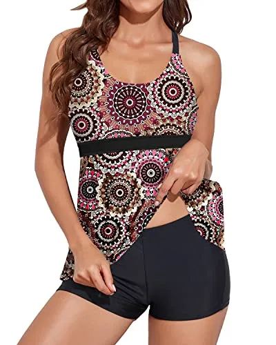 Tummy Control Tankini Swimsuits Flowy Shorts For Women-Brown Print