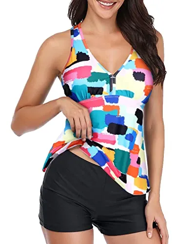 Tummy Control Two Piece Racerback Top & Shorts For V Neck Swimsuit-Aqua
