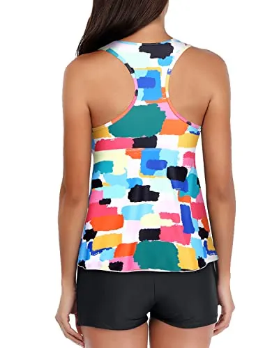 Tummy Control Two Piece Racerback Top & Shorts For V Neck Swimsuit-Aqua
