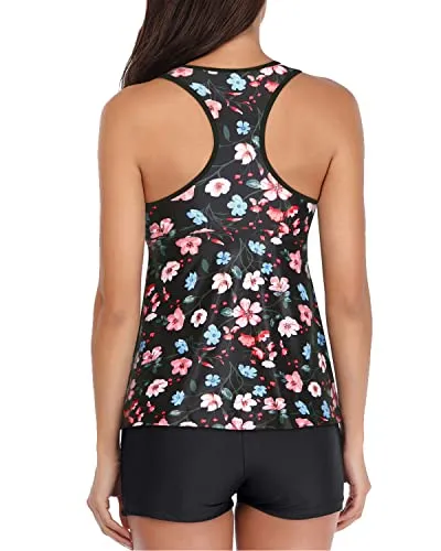 Tummy Control Two Piece Racerback Top And Shorts For V Neck Swimsuit-Black And Pink Floral