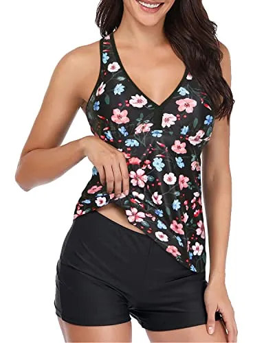 Tummy Control Two Piece Racerback Top And Shorts For V Neck Swimsuit-Black And Pink Floral