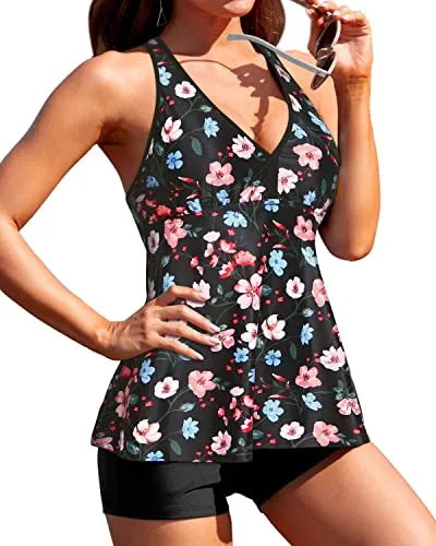 Tummy Control Two Piece Racerback Top And Shorts For V Neck Swimsuit-Black And Pink Floral