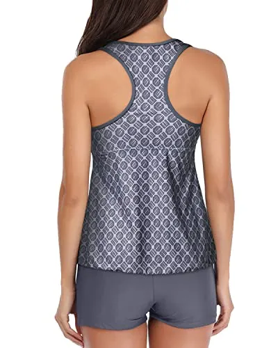 Tummy Control Two Piece Swimsuit Racerback Tankini-Grey Tribal